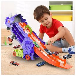 Happy Hues Dinosaur Storage Truck Toy-with Foldable Sliding 25-Inch Race Track and 2 mini Cars Transformable Into Standing Dinosaur-Toddler Car Toys Set for Kids Boys Girls- Purple-image-88
