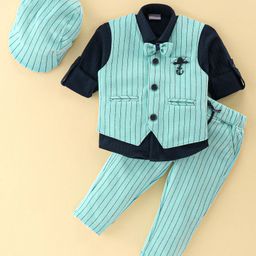 Dapper Dudes Full Sleeves Solid Shirt With Striped Waistcoat Pant Cap & Bow Set - Light Green-image-55