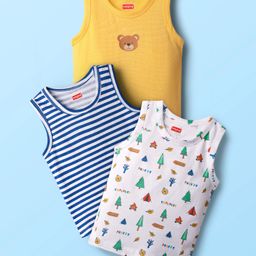 Babyhug 100% Cotton Knit Antibacterial Sleeveless Sando Vests with Stripe & Forest Print Pack of 3 - White Yellow & Blue-picture-28