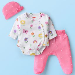 Babyhug 100% Cotton Knit Full Sleeves Onesies with Bootie Leggings & Cap With Floral & Butterfly Print - Pink-image-5