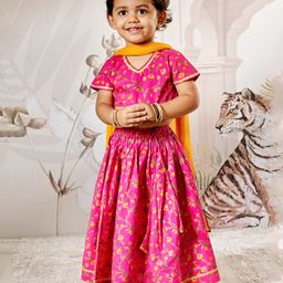 Vastramay Cotton Woven Half Sleeves Floral Printed Lace Embellished Lehenga Choli & Dupatta Set - Pink-picture-13