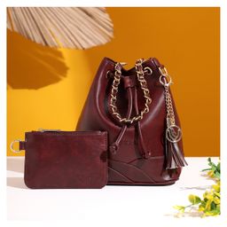 VISMIINTREND Bucket Handbag with Wallet for Women - Detachable Strap Solid Vegan Leather Sling Bag Wedding, Evening, Party Handbag Ethnic Drawstring Closure Potli Bag - Wine-image-115