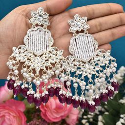MEIRA JEWELLERY Silver Plated Artificial Stones Studded & Beaded Contemporary Chandbalis-picture-26