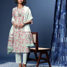 Taavi Floral Printed Pure Cotton Block Print Legacy Kurta with Trousers & Dupatta image 5