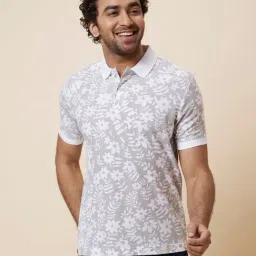 Globus White Regular Fit Floral Print Cotton Polo T-Shirt-image-35