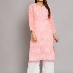 PARAMOUNT CHIKAN Pastel Pink Cotton Chikankari Straight Kurta-image-55