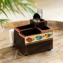 ExclusiveLane Flock Of Birds Dark Brown Mango Wood Cutlery & Stationery Holder-11