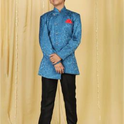 AJ Dezines Kids Blue & Black Printed Full Sleeves Sherwani with Pants-image-100