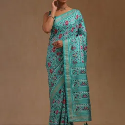 Soch Turquoise Blue Silk Blend Printed Saree with Unstitched Blouse-picture-13