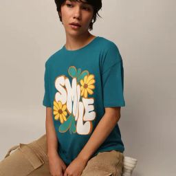 Only Teal Cotton Graphic Print T-Shirt-image-8