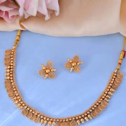 VOJ Gold Plated Round Designed Necklace With Earrings Set-13