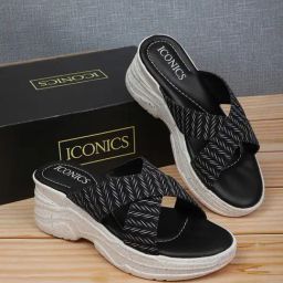Iconics Women's Black Cross Strap Wedges-image-33