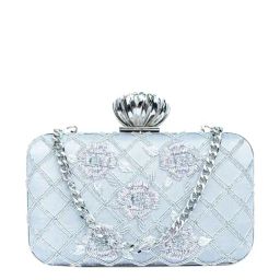 NR by Nidhi Rathi Silver Fabric Minaudiere Clutch-image-0