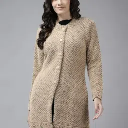 Cayman Camel Brown Wool Self Design Cardigan-image-5