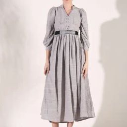 SHOWOFF Grey Self Design 3/4th sleeve Dress With Belt-42