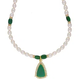 Sri Jagdamba Pearls Saanvi Green & Pearl White Alloy Necklace & Earring Set image 2