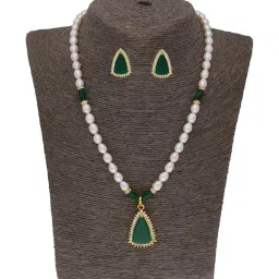 Sri Jagdamba Pearls Saanvi Green & Pearl White Alloy Necklace & Earring Set image 4