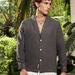 Campus Sutra Charcoal Grey Solid Shawl Collar Oversized Shirt-picture-7