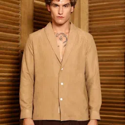 Campus Sutra Tan Brown Solid Shawl Collar Oversized Shirt-picture-23