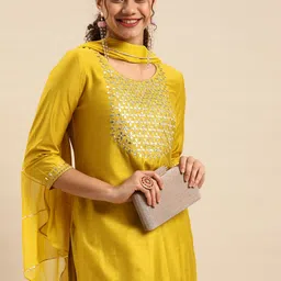 Anouk Women Mustard Yellow Yoke Design Chanderi Silk Kurta with Palazzos & Dupatta-image-59