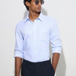 WES Formals by Westside Blue Self-Patterned Slim-Fit Cotton Shirt-image-1