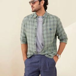 Andamen Green Linen Slim Fit Check Shirt-image-75