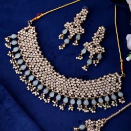 VOJ Gold And Sea Green Stone Studded Classic Choker With Earrings And Maang Tikka Set-5