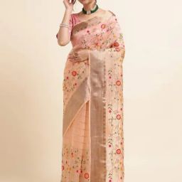FABMORA Peach Embroidered Saree With Unstitched Blouse-image-3