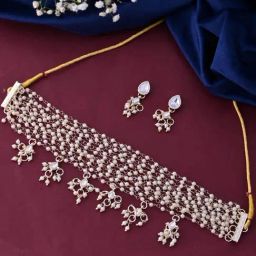 VOJ Gold Plated Mutli Layered Pearl Choker With Earrings Set-image-23