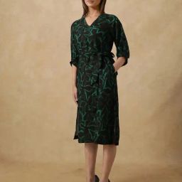 RAREISM Black Linen Printed Three-Quarter Sleeves Dress-image-39