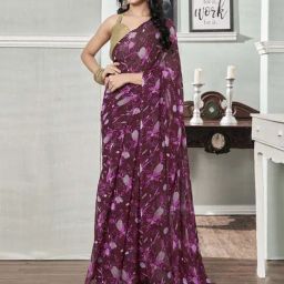 Satrani Wine Floral Print Saree With Unstitched Blouse-image-18
