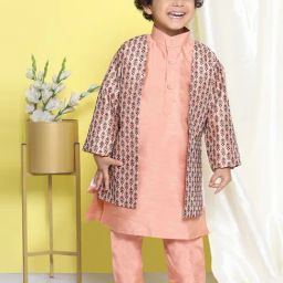AJ Dezines Kids Peach & Black Embroidered Full Sleeves Kurta, Pyjamas with Jacket-image-106