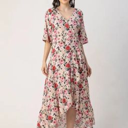 Moomaya Off White Floral Print High-low Dress-image-110