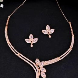 VOJ Gold Plated Designer AD Studded Necklace With Earrings Set-14
