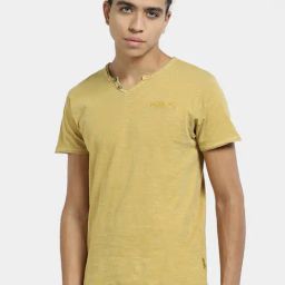 Jack & Jones Yellow Slim Fit Cotton Henley T-Shirt-image-32