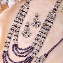 VOJ Purple Beaded With Stone Studded Long Necklace with Earrings And Maang Tikka Set-43