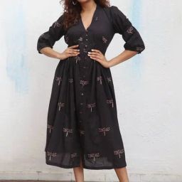 Chidiyaa Daydreaming In Monochrome Laid Black Handblock Printed Cotton Dress-image-88