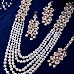 VOJ Pearl And Kundan Studded Long Necklace with Earrings And Maang Tikka Set-image-30