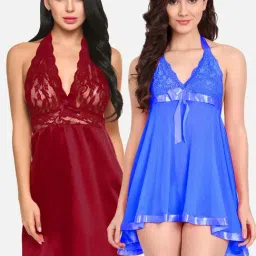 FIMS: Fashion is my Style Blue & Maroon Lace Work Babydoll With Thong-image-88
