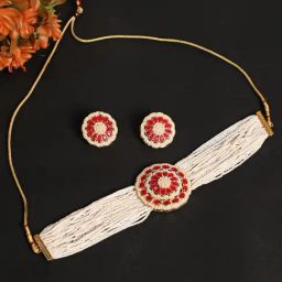 Aatmana White & Red Gold-Plated Kundan Choker Necklace & Earring Set for Women-2