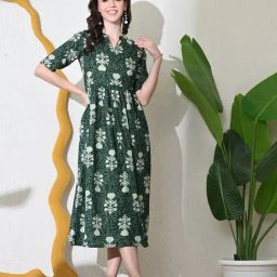 DECKEDUP Green Cotton Floral Short Sleeves Dress-image-90