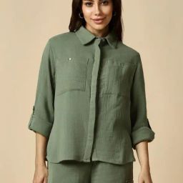 Allen Solly Green Cotton Plain Shirt-image-22