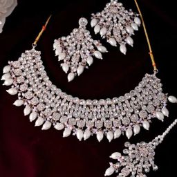 VOJ Gold Plated Stone Studded Choker With Maang Tikka And Earrings Set-image-9