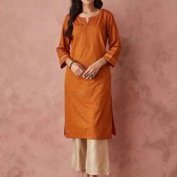 Fabindia Rust Cotton Block Printed Knee Length Kurta-image-99