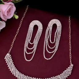 VOJ Gold Plated Stone Studded Necklace with Earrings Set-picture-2