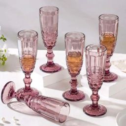 Nestasia Premium Quality Vintage Textured Translucent Rose Stemmed Glass Mauve Set Of 6, Each 150 ml-32