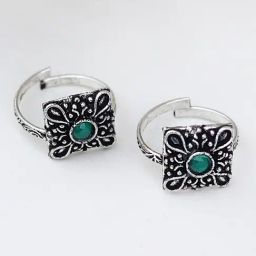 Teejh Uri Green Stone Silver Oxidized Toe Rings-image-93