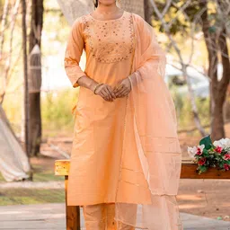 NIZA FASHION Floral Embroidered Mirror Work Art Silk Kurta With Trousers & Dupatta-picture-9