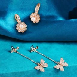 Zaveri Pearls Set of 2 Rose Gold Contemporary Cubic Zirconia Drop Earrings - ZPFK13472-2