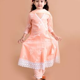 Pspeaches Three Fourth Sleeves Floral Embroidered Lace Trim Angrakha Style Flared Kurta & Pajama Set - Peach-image-65